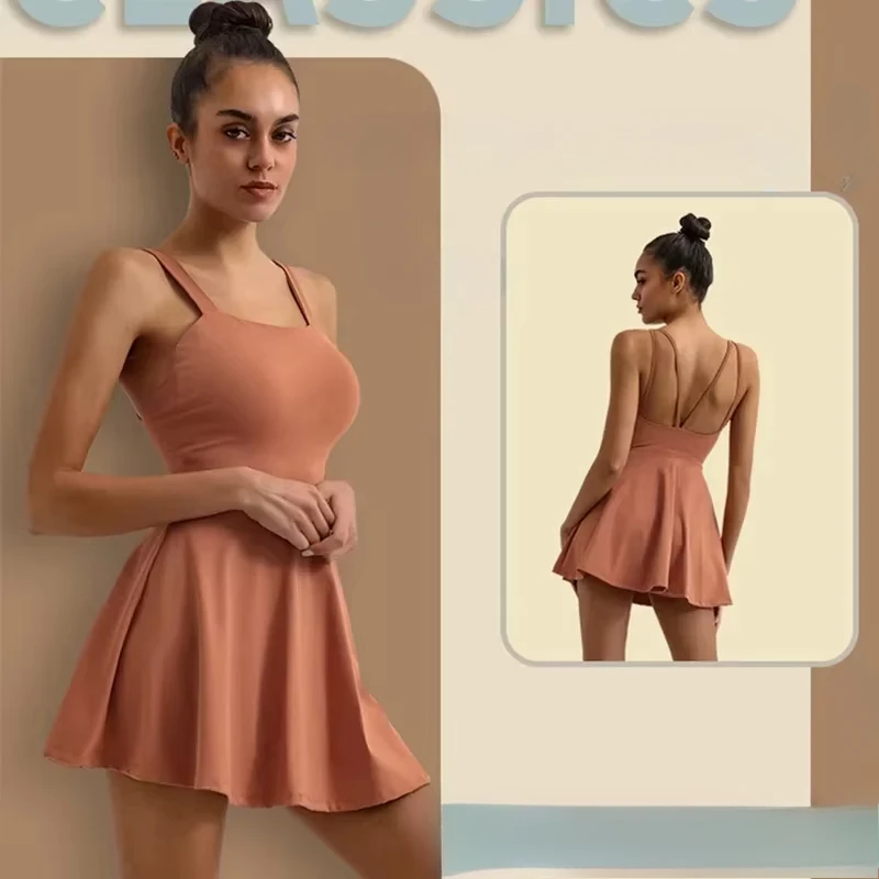 Cloud Hide SEXY Back Sports Dress Pocket Tennis Dresses Women Safe Shorts Gym Golf One Piece Yoga Suit Fitness Dance Long Skirt