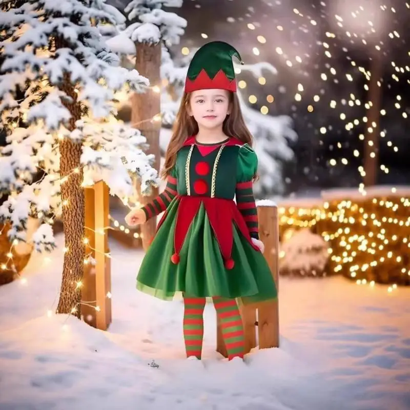 39BD Weihnachts-Elfenkleid-Kostüm für Kinder, dehnbares Spandex-Urlaubs-Rollenspiel-Kostüm, Urlaubsparty-Outfit, bequemes Tragen – Detail 9