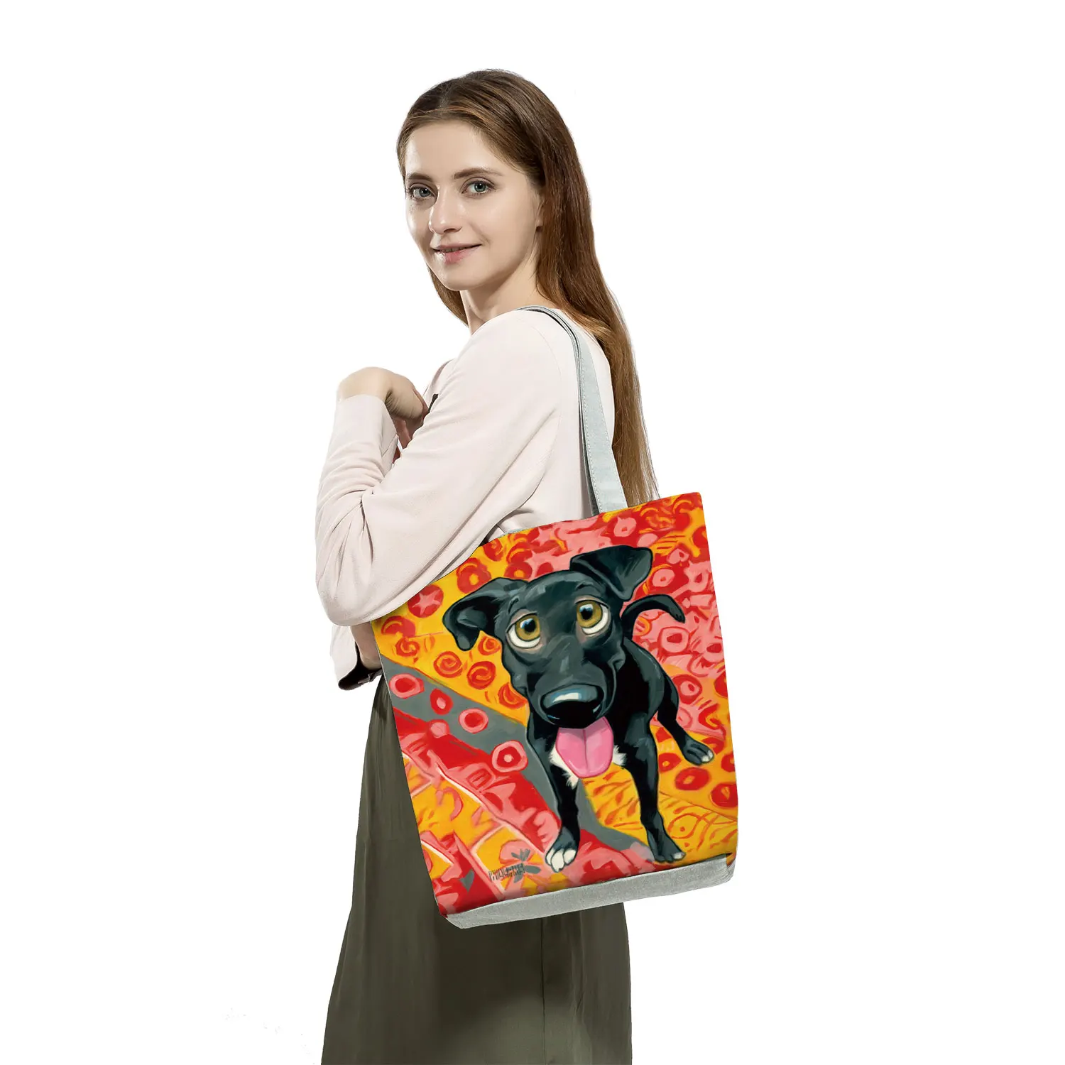 Dog Art Print Tote Bag Shoulder Bag Female Eco Reusable Shopping Shopper Bags Schnauzer Golden Retriever Women Fabric Handbags