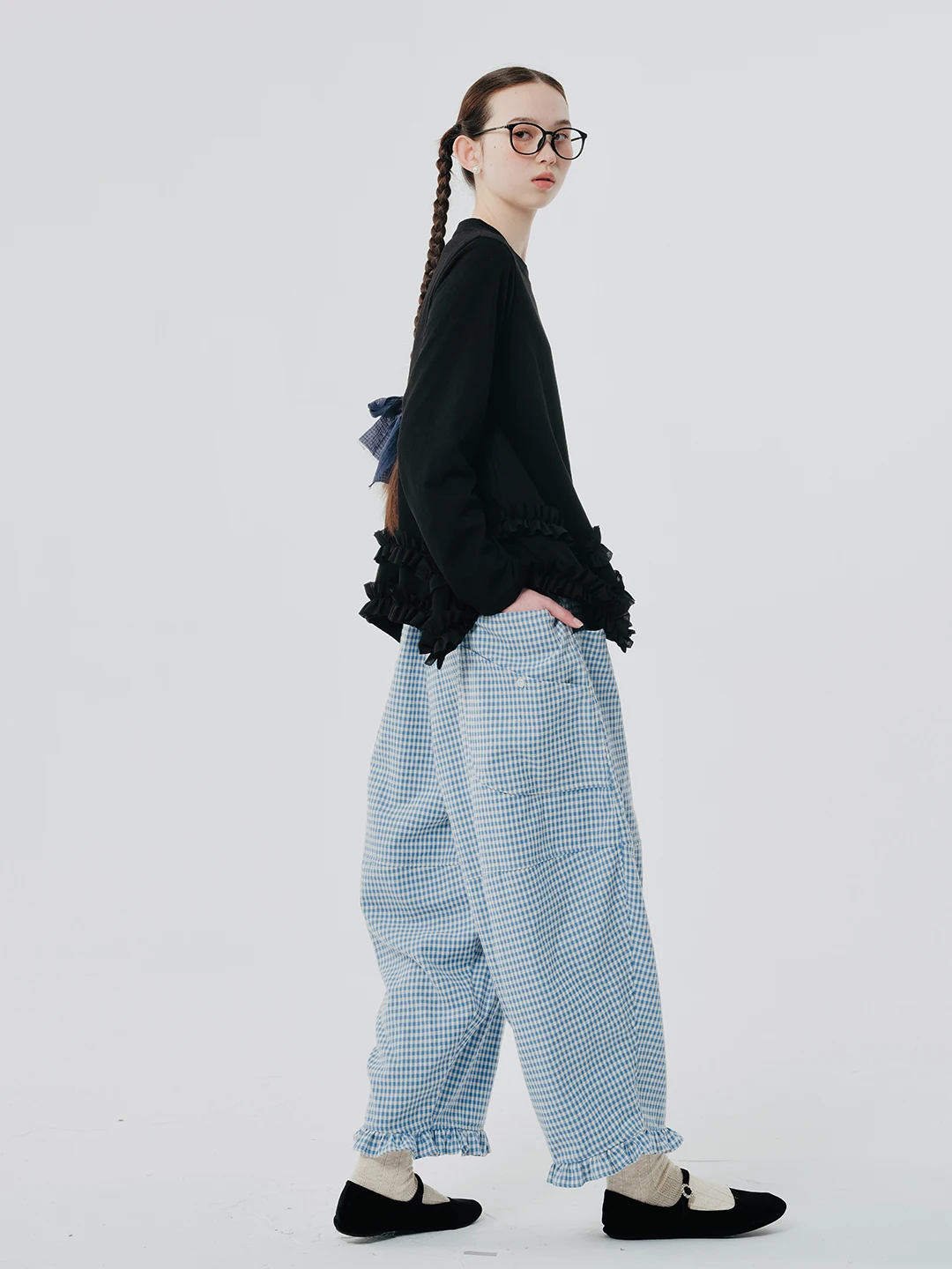imakokoni 2024 spring new original pure cotton plaid lace carrot pants women's casual pants 244522