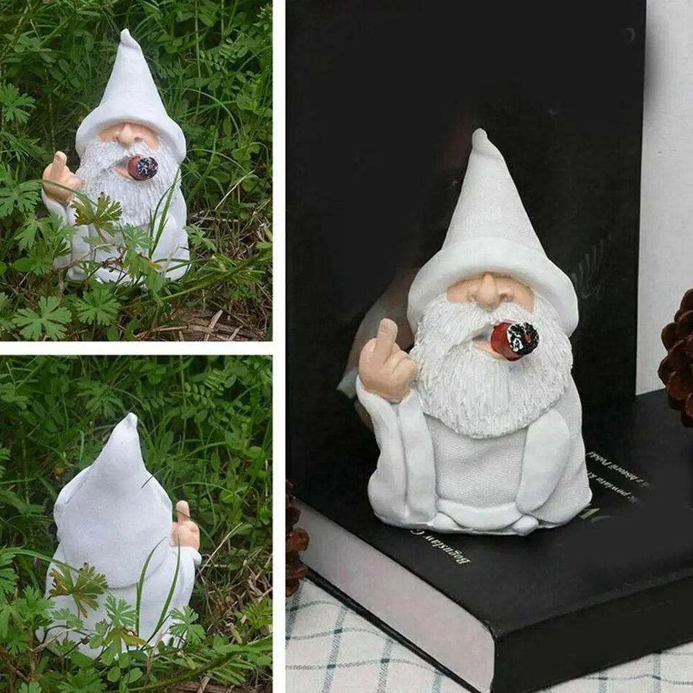 Smoking White White Beard Old Man With Middle Finger Garden Gnomes Statues 4