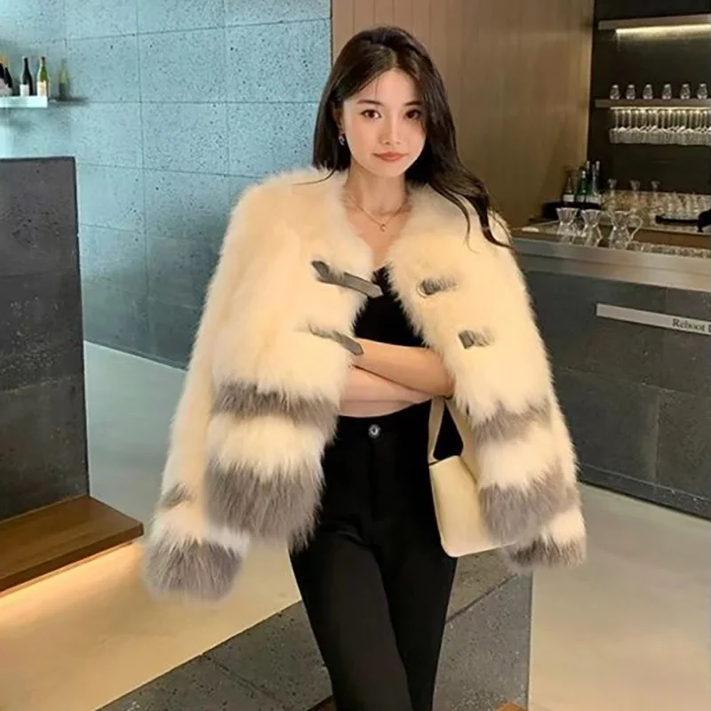 Women Round Neck Striped Warm Coats 2025 Autumn Winter New Fashion Faux Fur Coats Casual Covered Button Versatile Coats