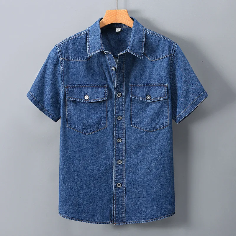 Denim Shirts Man Summer Cotton Thin Pockets Solid Color Washed Single Breasted Turn-Down Collar Casual Tops