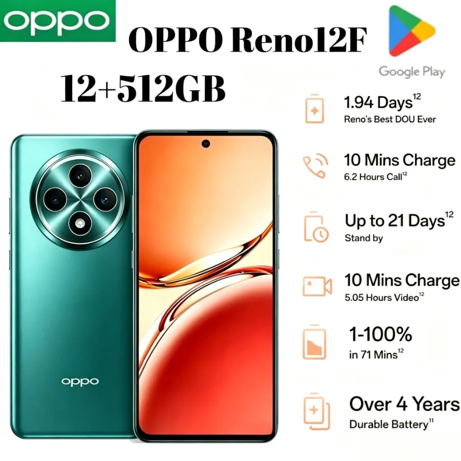 إصدار عالمي جديد 2026 من هاتف OPPO Reno12 F 5G الذكي، ذاكرة 8 جيجابايت + 256 جيجابايت، شاشة AMOLED 6.67 بوصة بتردد 120 هرتز، بطارية 5000 مللي أمبير، شحن سريع 45 واط، كاميرا ذكاء اصطناعي 50 ميجابكسل.