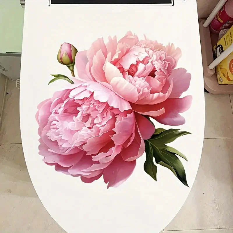 Blooming Pink Peony Toilet Sticker Bathroom Home Decoration Wall Sticker Decoration Sticker For Door Refrigerator Window