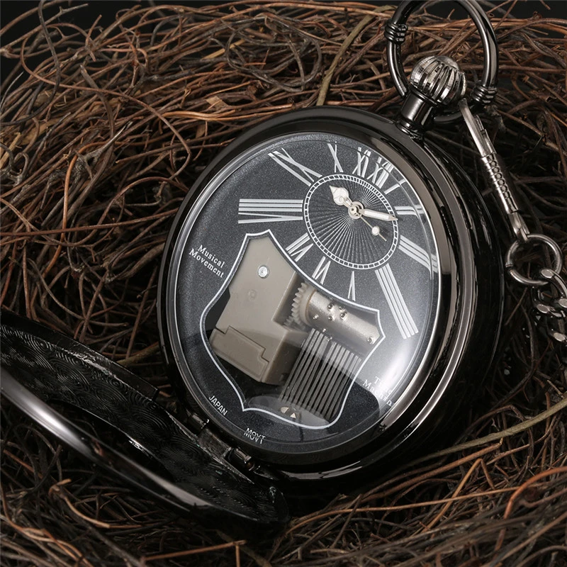Antike Schwarze Sky City Musikalische Quarz-Taschenuhr mit Römischen Ziffern Zifferblatt und Kette, Spielt Melodien, Anhänger-Uhr als Geschenk – Detail 4