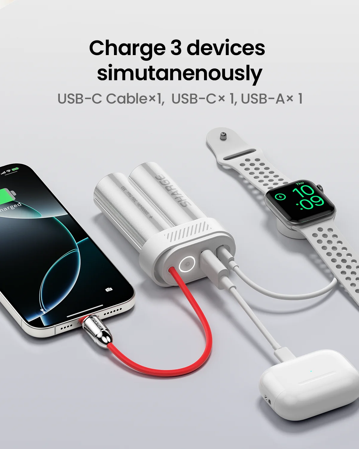 SHARGE Pouch Mini 10000mAh Power Bank 30W Portable Charger with Built-in Type C Cable to USB-A Port Battery Pack for iPhone 16 3