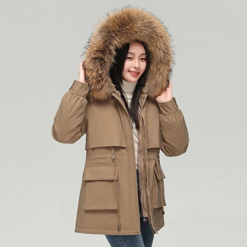 2023 New Women Down Jacket Winter Coat Female Mid Length Version Parkas Thick Warm Outwear Hooded Artificial Fur Collar Overcoat