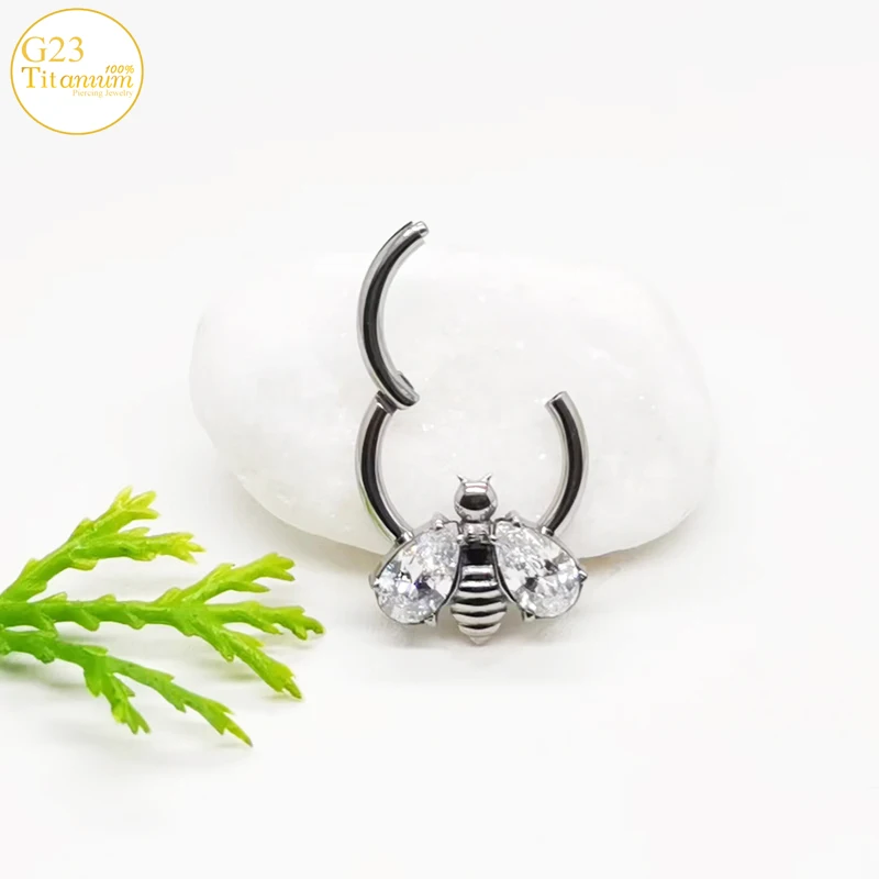 Zircon Little Bee Earrings F136 Titanium Septum Piercing Nose Rings Cartilage Clicker Rings Tragus Helix Piercing Body Jewelry