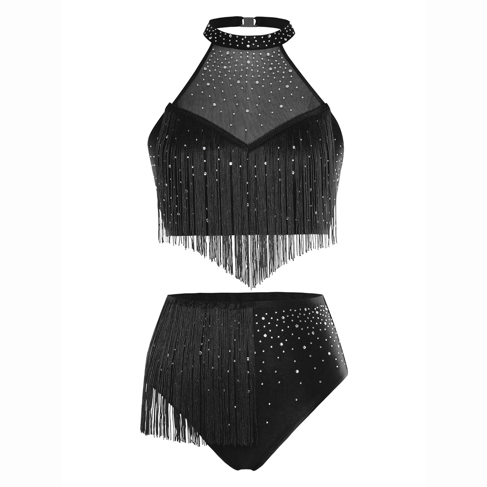 Frauen Latin Ballroom Dance Kostüm Glänzende Strass Sheer Mesh Crop Top mit Quaste Slips für Cha-cha Salsa Samba Bauchtanz – Detail 23