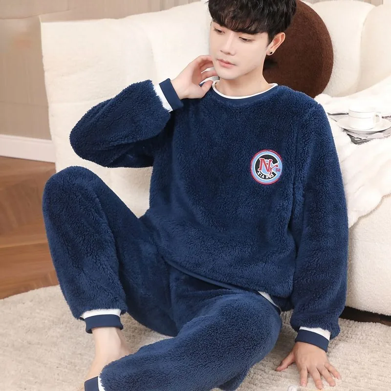 2024 New Pajama Men Winter Flannel Plus Thick Velvet Sleepwear Warm Spring Autumn Loungewear Loose Coral Velvet Homewear Suit