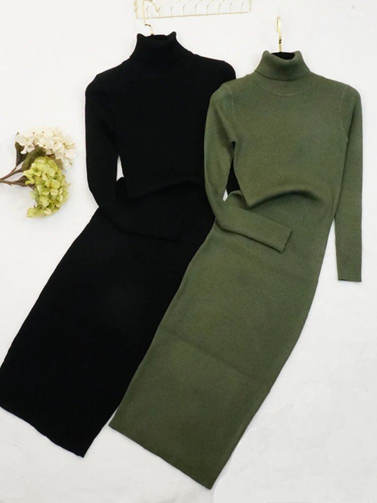 

Autumn Winter Women Knitted Dress Buttons Turtleneck Sweater Dresses Lady Slim Bodycon Long Sleeve Bottoming Dress Vestidos