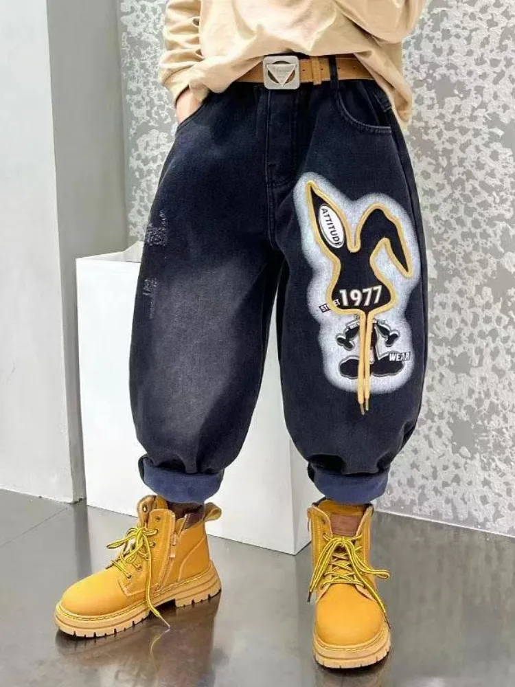 

Children's Jeans Boys' Winter Cartoon Warm Medium Waist Loose Hip Hop Pants Boys' Handsome Versatile Pants