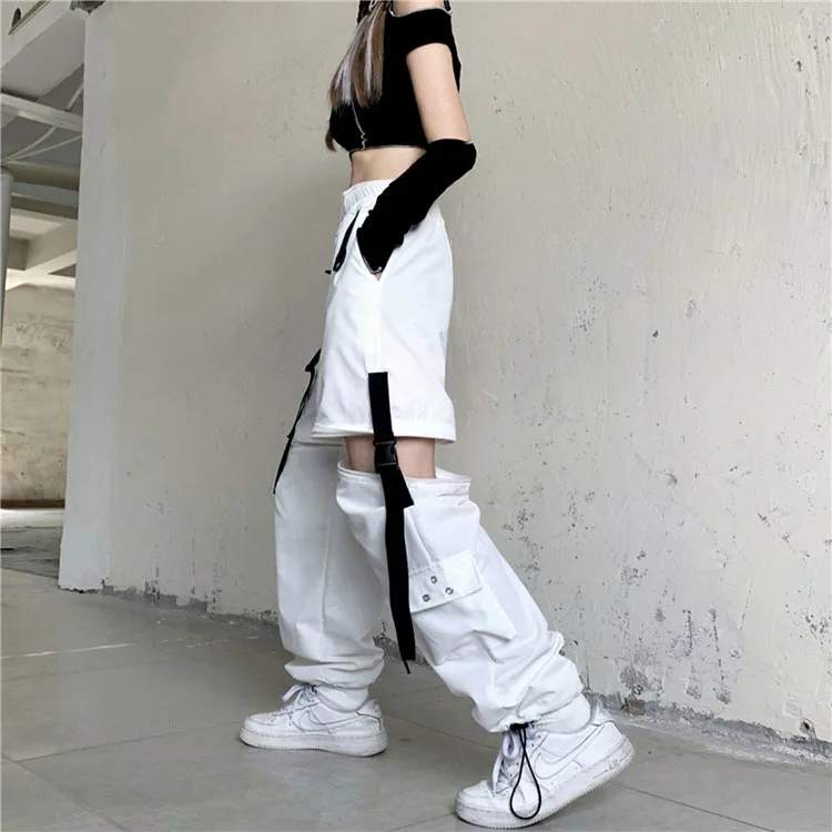 old navy capris White Streetwear Cargo Pants Women Y2k Harajuku Loose Patchwortk High Waist Trousers Casual Removable Techwear Korean bell bottom jeans