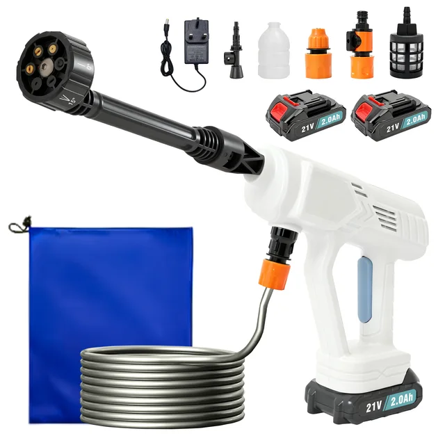 21V Cordless High Pressure Washer Car Water Gun Brushless 1.2Mpa 6-in-1 Nozzle Set with 5M (16.4FT) Hose for Cleaning Cars Yards