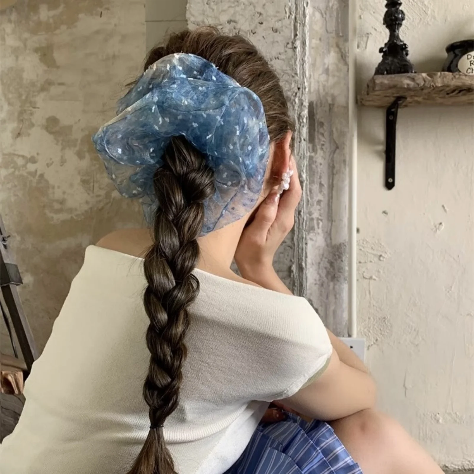 1PC Blue Organza Scrunchie, Sheer Hair Accessory with White Patterns, Great for Creating Elegant Braided Styles