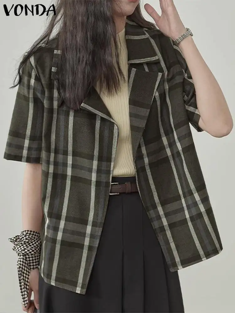 

Fashion Coats Women Elegant Plaid Blazer 2023 VONDA Female Casual Suit Sexy Short Sleeve Loose Fitting Suits Femininas Baggy
