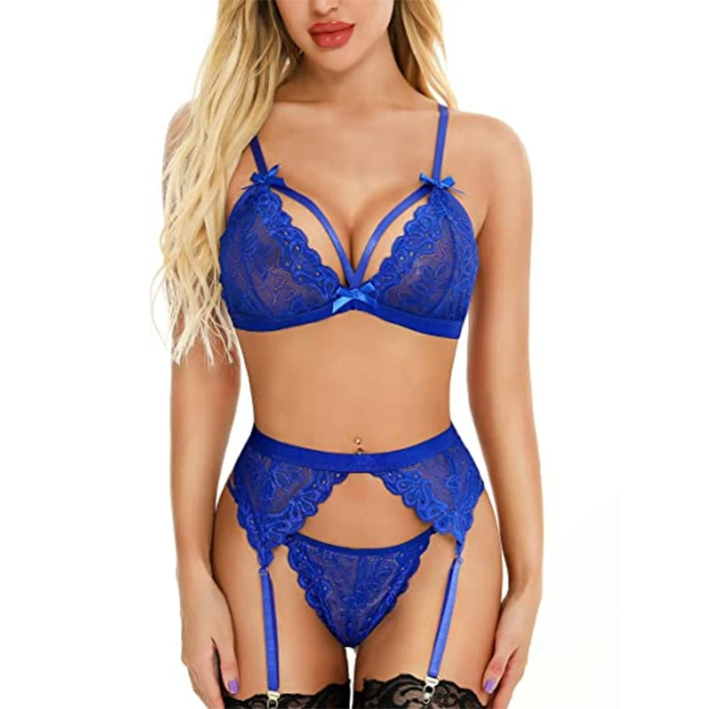 lace underwear set Plus Size Women Sexy Hot Erotic Bra Set Sexy Hollow Out Teddy Bodysuits Underwear Set Lace Deep V Open Lingerie + Stockings Sets matching bra and panties