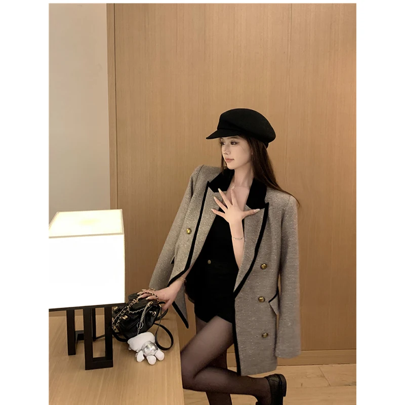 

UNXX 2023 Autumn Women's Oversized Shoulder Suit Woolen Coat with Double-Breasted Open-Front Long Sleeve Top Elegant Fashion Top