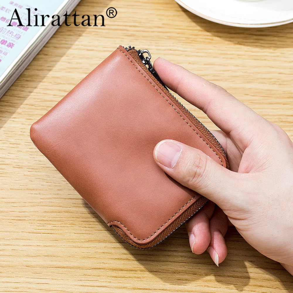 

Alirattan 2023 New Minimalist Card Bag Genuine Leather Short Vintage Zipper Small Money Clip Cowhide Ultra-Thin Zero Wallet