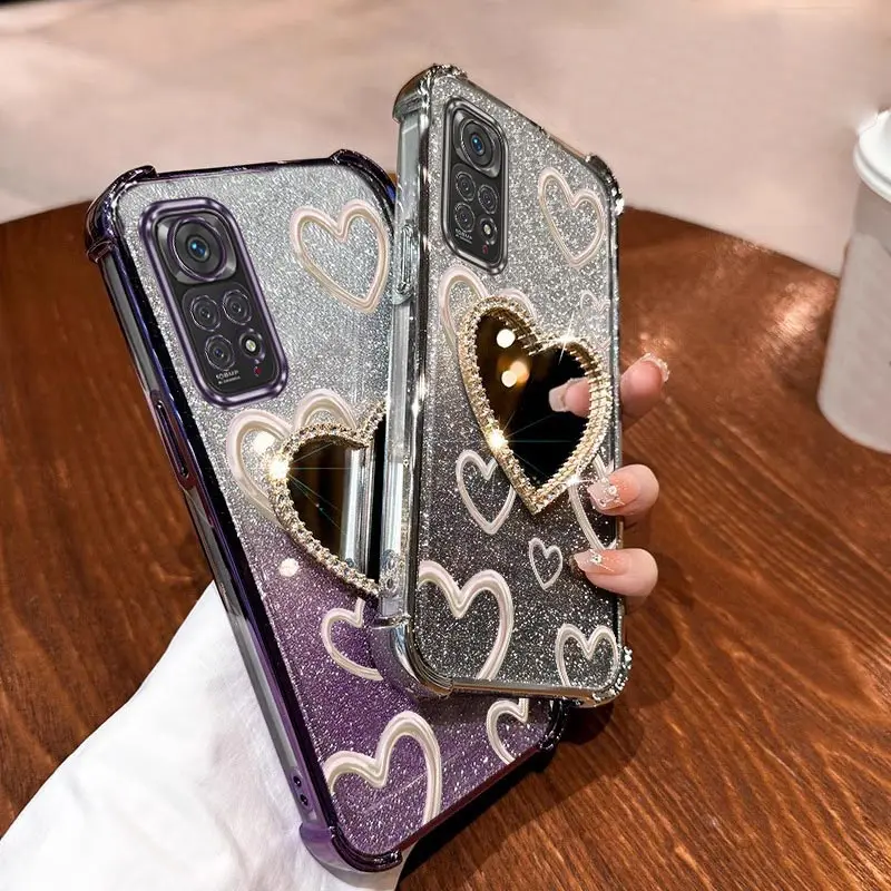 Airbag Strap Glitter Love Heart Mirror Phone Case Cover