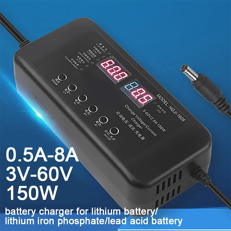 

3V-60V 150W Voltage Current Adjustable Smart Battery Charger Battery Charger for Li-ion Life Po4 e-bike Electric Bicycle Vehicle