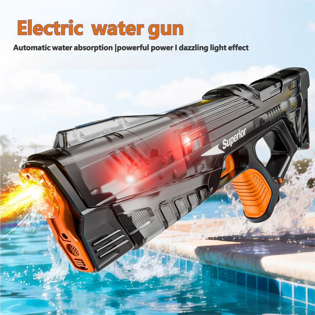 야외용 전동 물총, 조명과 불꽃 효과, 강력한 분사, 자동 물 흡입 블래스터, 여름 해변 장난감