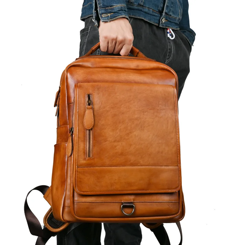 Men's Backpack Vintage Genuine leather Fit 15.6" Laptop Bags Business Rucksack Student School Bag Daypack Big Male Travel Bag
