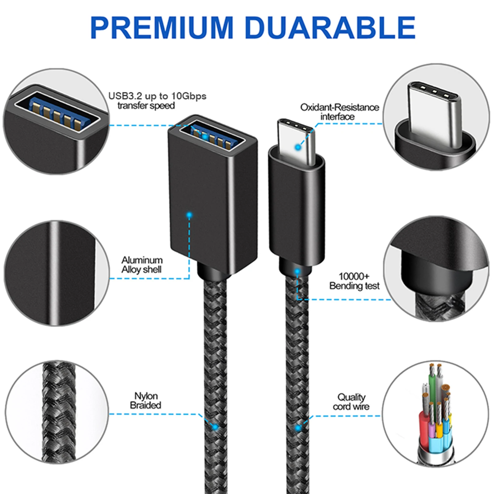 USB-C-USB 어댑터, 스마트폰, 태블릿, 노트북 등을 위한 USB-C 남성-USB 여성 OTG 데이터 케이블