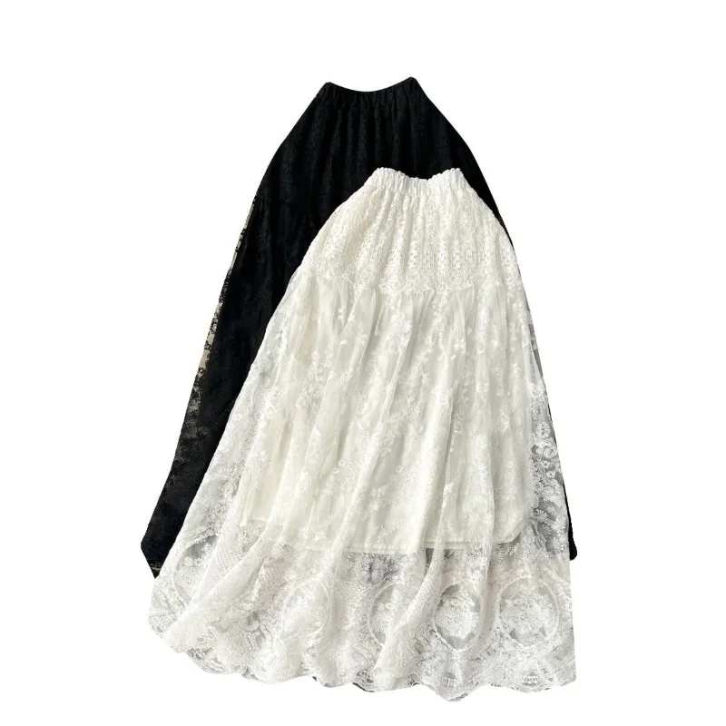 Women A-line Skirt Lace Hollow Out High Waist Long Shirt Leisure New Chic High-end Design Solid White Office Lady Loose