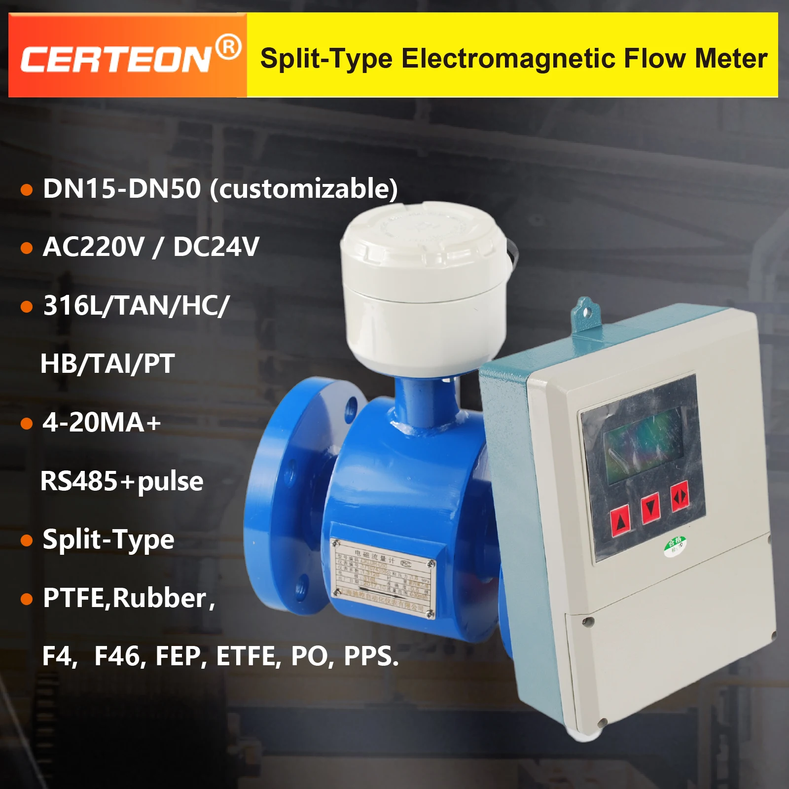 เครื่องวัดอัตราการไหลแม่เหล็กไฟฟ้าแบบแยกส่วนสำหรับน้ำเสียและของเหลวความแม่นยำสูงจอแสดงผลดิจิตอลเอาต์พุต 4-20mA RS485ติดตั้งท่อ DN10 ถึง DN50 1