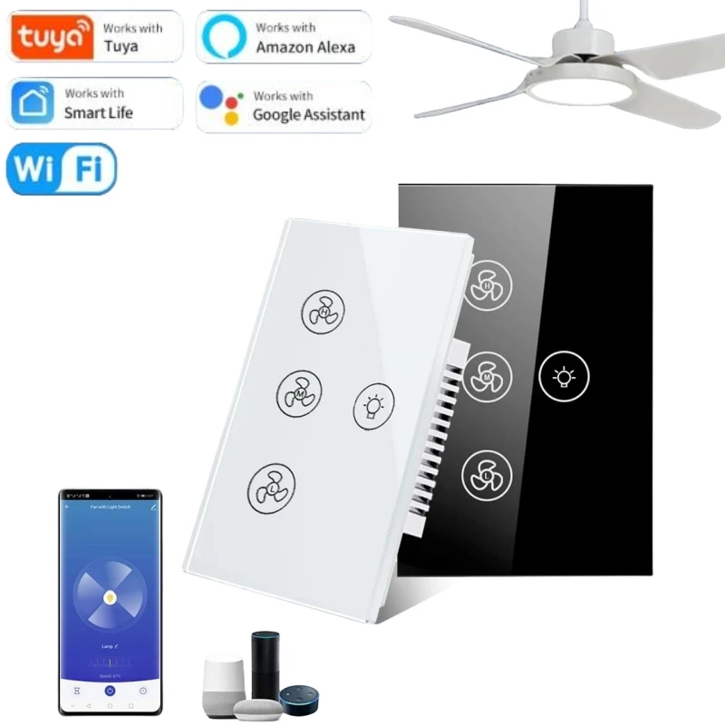 Tuya WiFi Smart Fan Light Switch Touch Panel Switch App Control Voice US Standard Work With Alexa Google Home Speed Regulation