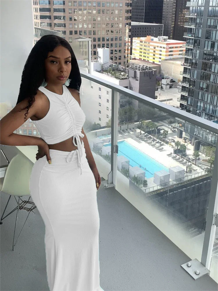 Wmstar Women Two Piece Set Summer New Streetwear Pleated Sleeveless Solid Color Crop Top High Waist Skirt Set Night Club Outfits