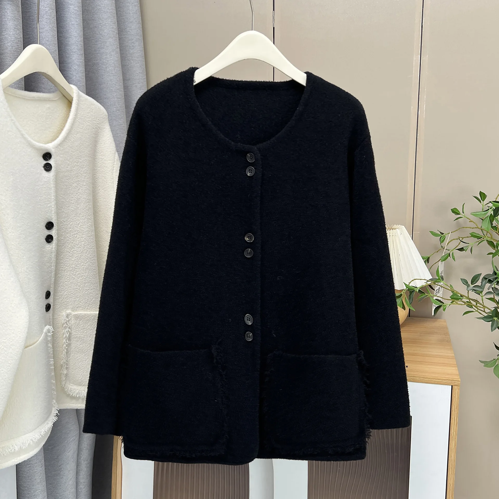 Fashion Plus Size Women's Woolen Coat Korean-style Elegant Pocket Casual Cardigan Overcoat 2520