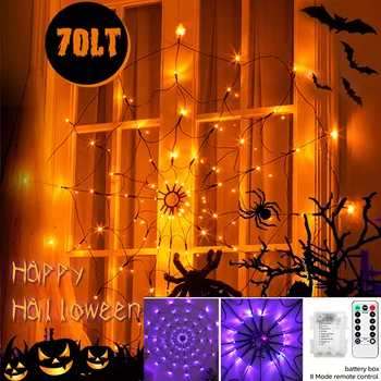 Spider Web LED String Lights for Halloween Atmosphere Lights Battery Powered 70LED Remote Control Outdoor Wall Party Decoration