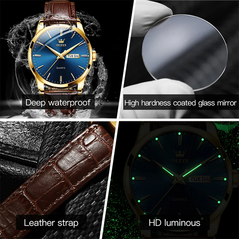 OLEVS Brand Business Mens Quartz Watch Luxury Leather Strap Waterproof Luminous Week Date Fashion Mens Watches Relogio Masculino