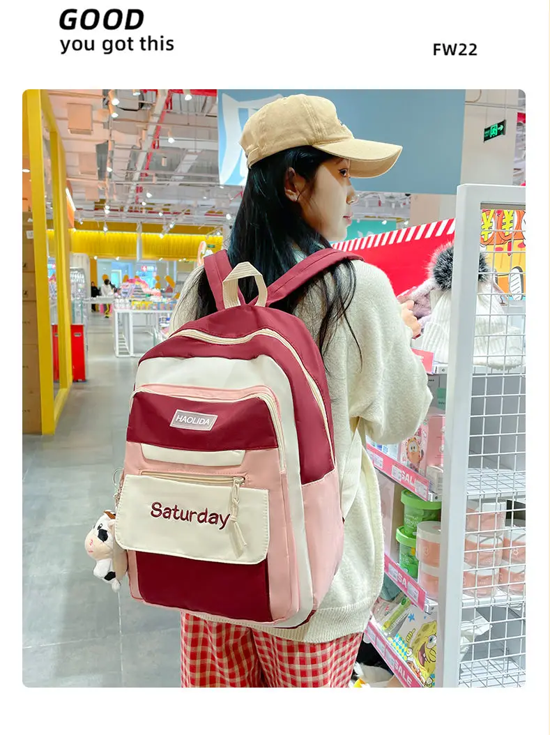 Mehrfarbiger Streifen-Rucksack für Damen und Mädchen, Stich-Schultasche, Designer-Schultaschen für Teenager, Schulartikel – Detail 19
