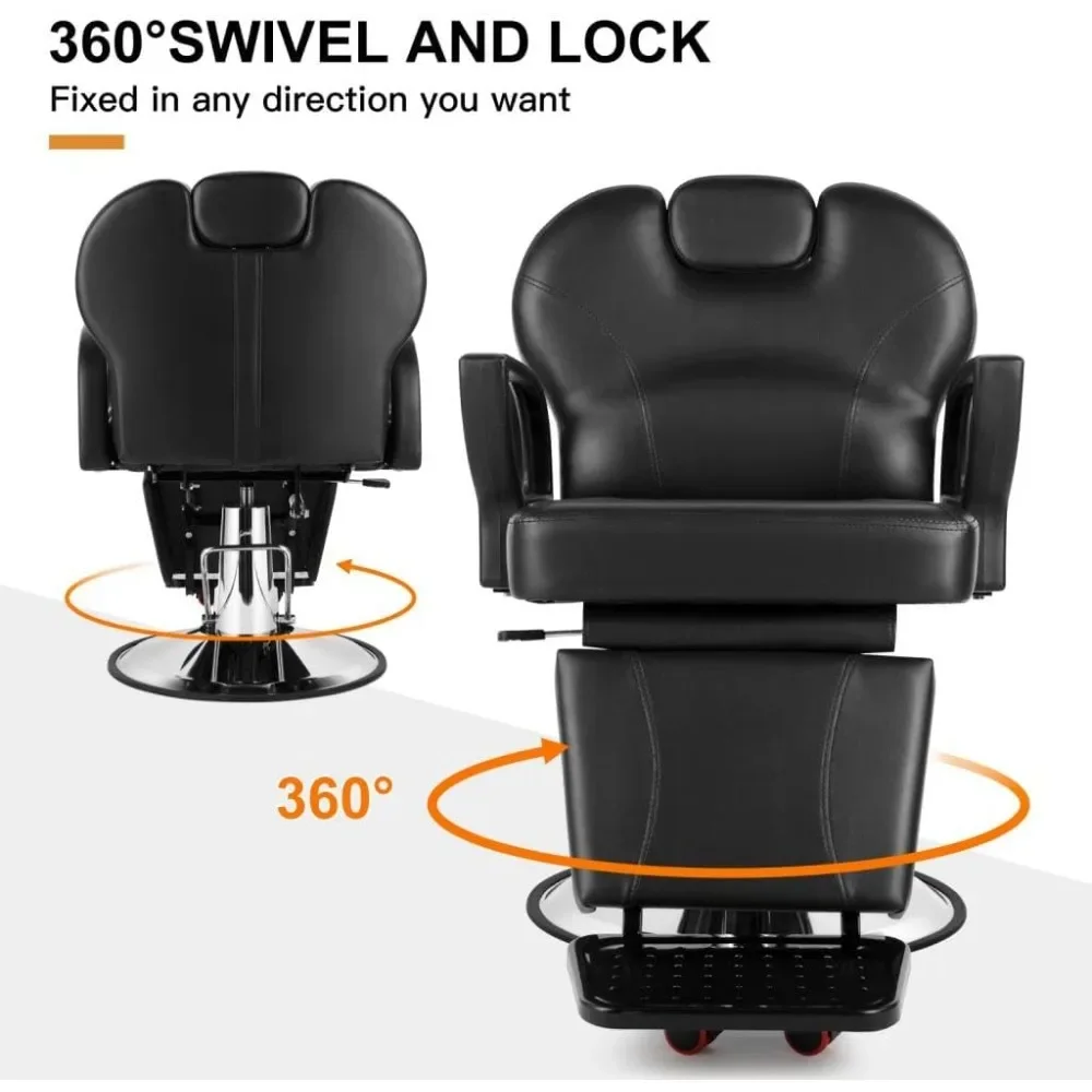 Barber Chair for Salon, Adjustable Height and Reclining, PVC Artificial Leather Seat, Metal Base, Black Hair Salon Furniture