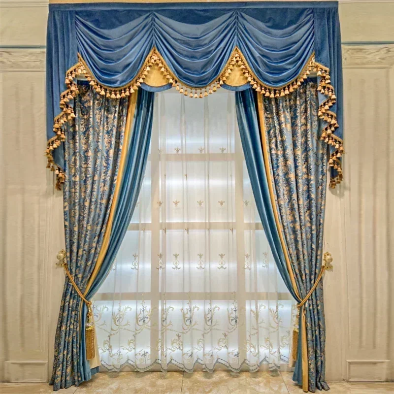 Tende oscuranti in velluto stampato intagliato blu di lusso minimalista in stile europeo per soggiorno sala da pranzo camera da letto