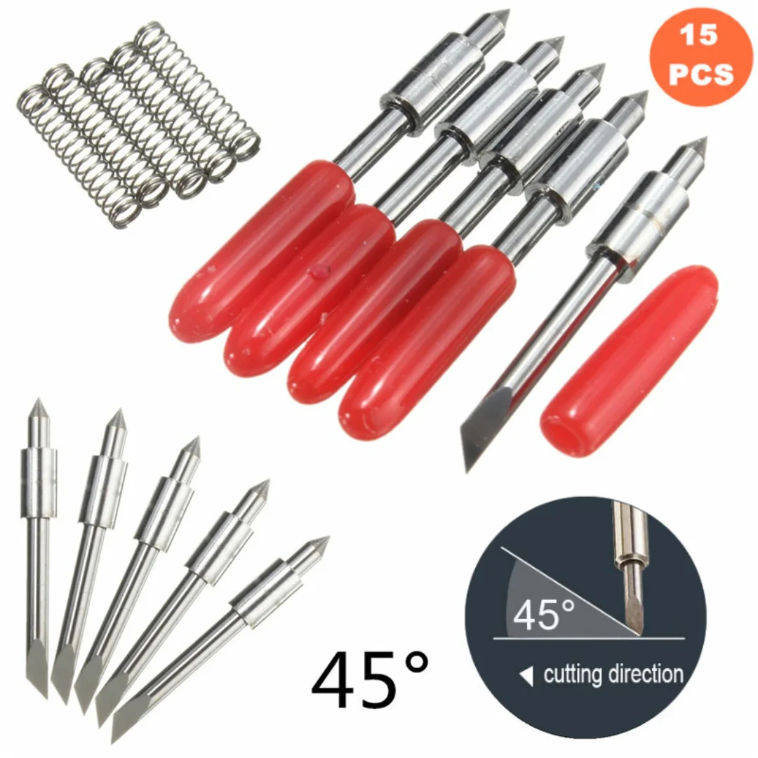 

KZTech 15pcs Hard Cutting Plotter Blades for Graphtec CB15 Vinyl Cutter Carving Machine Silhouette Cameo Blade 45 Degree CB15U