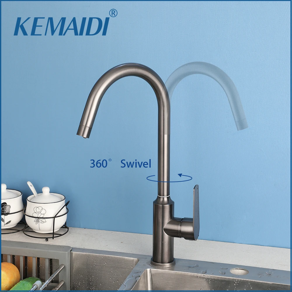 

KEMAIDI Grey Kitchen Faucet w/ High Arc Stainless Steel Kitchen Sink Faucets Deck Mounted Single Lever Tap Hot Cold Water Mixer