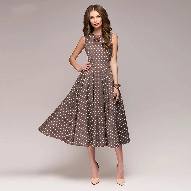 

Vintage Dress Sleeveless O-neck Vestidos Women Elegant Thin Dot Printing Mid-Calf Casual Dress Female 2023 Summer New