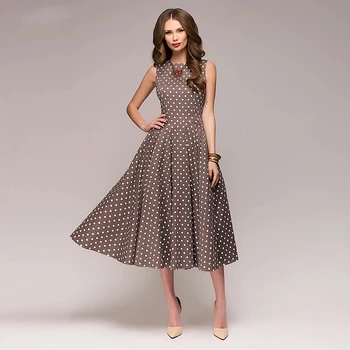Vintage Dress Sleeveless O-neck Vestidos Women Elegant Thin Dot Printing Mid-Calf Casual Dress Female 2023 Summer New 1