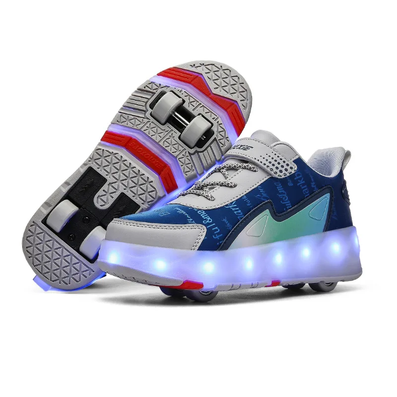 Children Four  Wheels Luminous Glowing Sneakers Black Pink Led Light Roller Skate Shoes Kids Led Shoes Boys Girls USB Charging