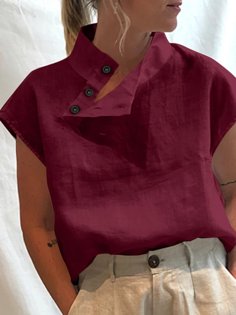 Celmia Women Short Sleeve Blusas 2022 Summer Cotton Linen Shirts Fashion Oversized Blouses Casual Loose Camisas Solid Tunic Tops Wine Red