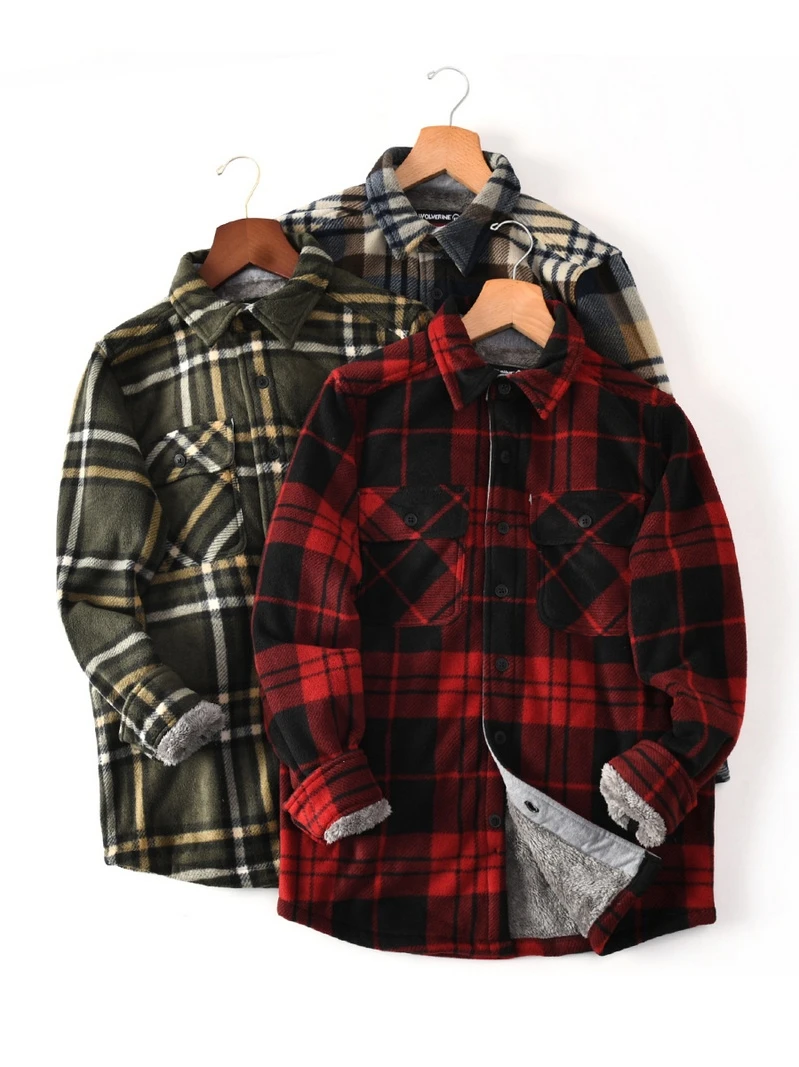 Men's Plaid Long Sve Fce Lined Thiened Loose Winter irt Faionable Urban Sle Polyester Fiber Youth Casual irt