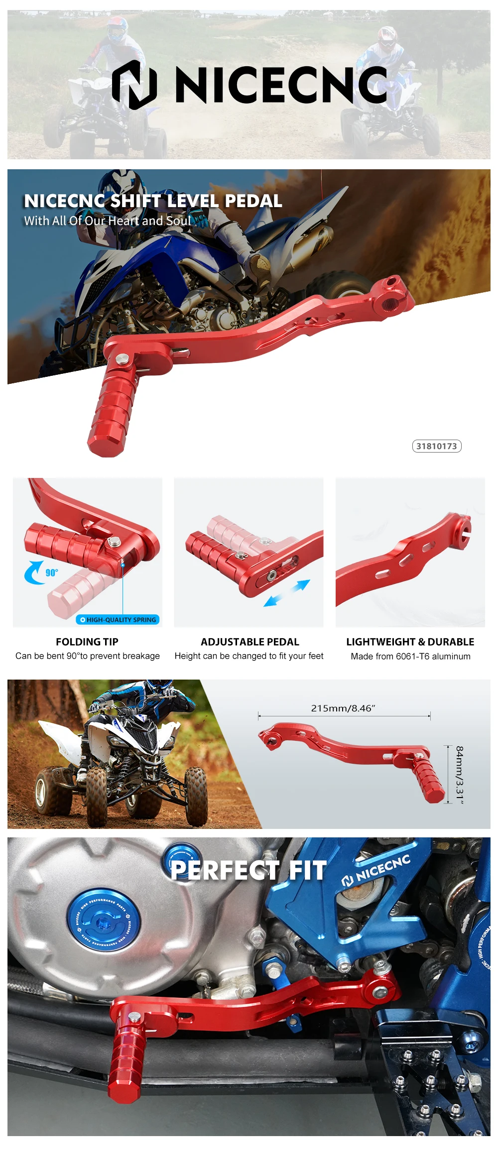 NiceCNC ATV für Yamaha Raptor 700 2006–2024, 700R Raptor 2011–2024, Schalthebel, Schaltstufe, Pedal, Billet-Aluminium, ATV-Zubehör – Detail 2