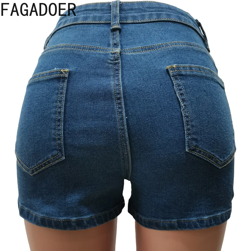 FAGADOER Summer New Rhinestone Hole Hollow Denim Shorts Women High Waisted Button Pocket Jean Fashion Trend Cowboy Streetwear