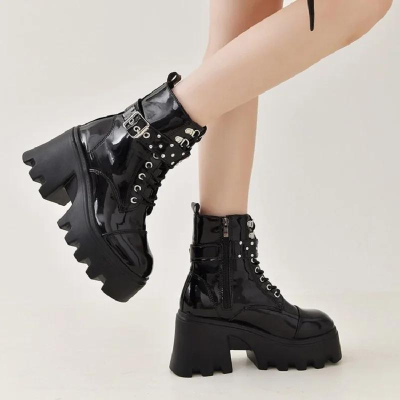 2024 Platform Thick Gothic Boots Lady Buckle Autumn Shoes Women Wedges Knee High Boots Punk Street  Motorcycle Chain