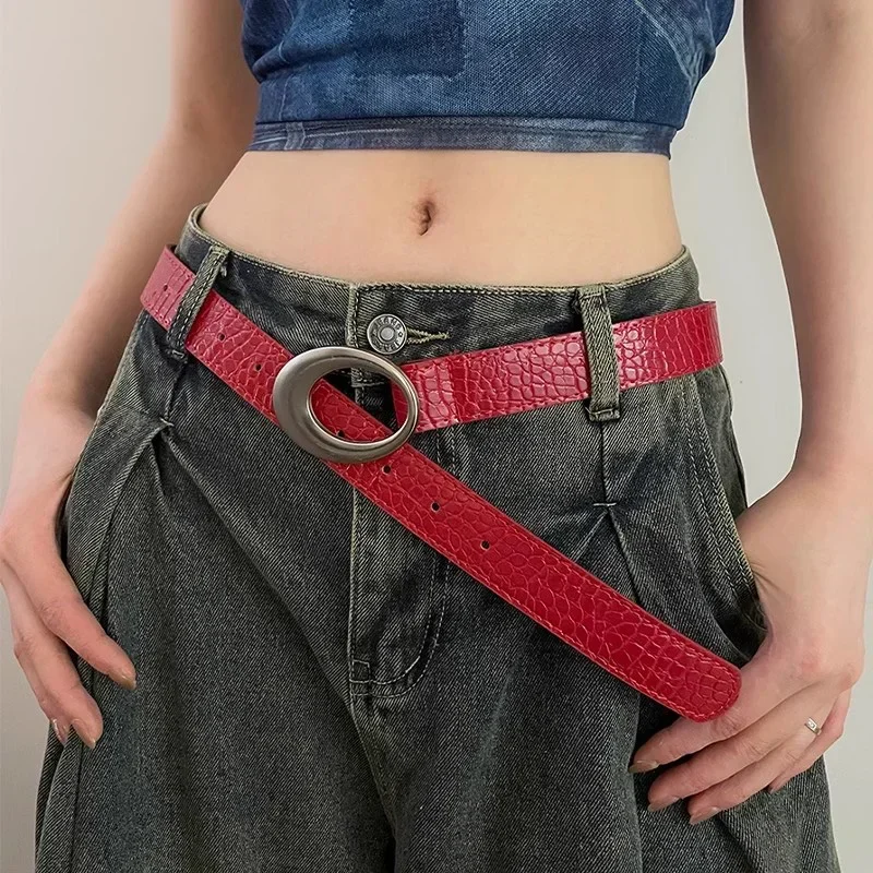 Vintage American Belt Crocodile Lines for Women Men Fashion Pu Leather Punk Metal Buckle Jeans Pants Advanced Red Waist Belts